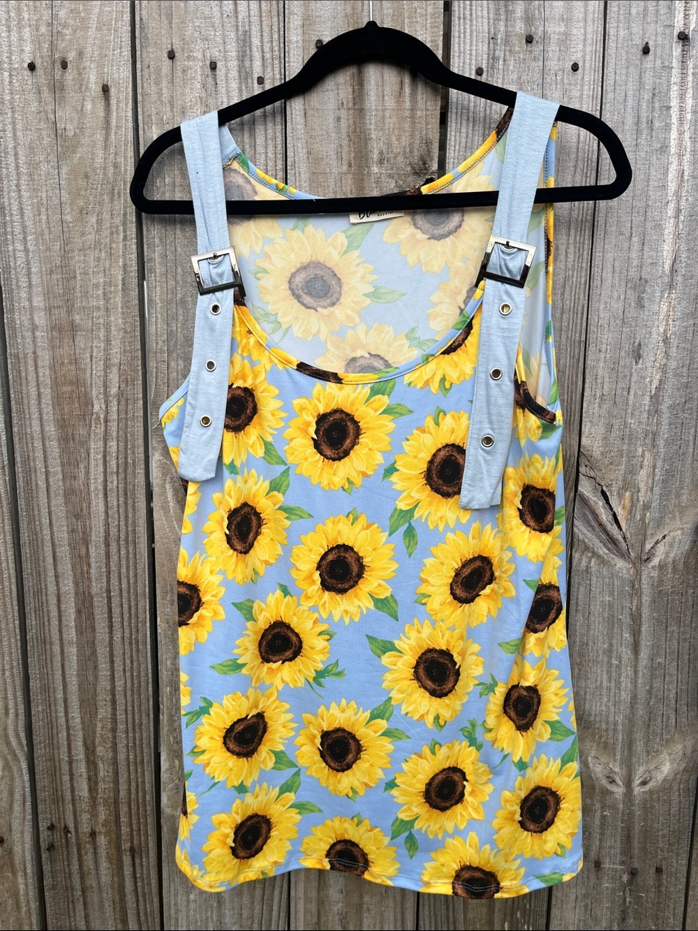 Sunflower Print Tank Top with Adjustable Straps - Blue & Yellow